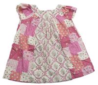 Smetanovo-ružovo-korálové kárované patchwork plátenné šaty s kvietkami