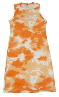 Oranžovo-světleoranžovo-biele batikované rebrované šaty s nápisom PRIMARK