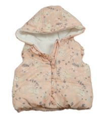 Broskvová prešívaná šušťáková zateplená vesta so zajačikmi a volánikmi a kapucňou George