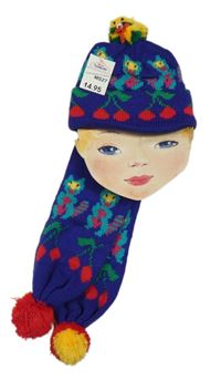 Nové - 2Set - Tmavofialová pletená čepice s třešnička a bambulí + šála s bambulemi