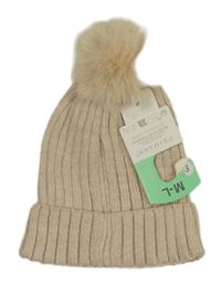 Nové - béžovo-zlatá melírovaná žebrovaná čepice s bambulí PRIMARK