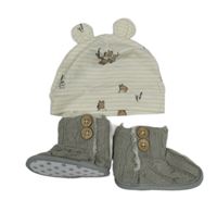 2Set - Smetanovo/pudrová pruhovaná čepice s Pú a oušky H&M + šedé vzorované pletené zateplené válenky Matalan vel. 17