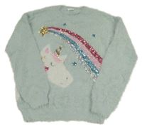 Světlemodrý chlupatý svetr s jednorožcem a kometou z flitrů F&F