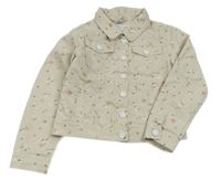 Svetlobéžová rifľová crop bunda s kvietkami a golierikom dopodopo