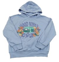 Modrofialová mikina s karavanem a květy a nápisy a kapucí L&D