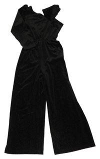 Čierno-strieborný pruhovaný zamatový nohavicový asymetrický culottes overal s mašlou ZARA