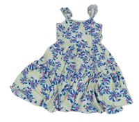 Bílé melírované letní šaty s květy a lístečky a volánky 