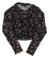 Černé síťované crop triko s kytičkami New Look