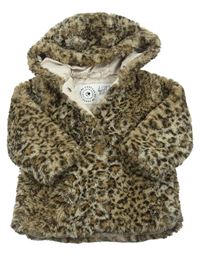 Béžová chlpatá zateplená bunda s leopardím vzorom a kapucňou George