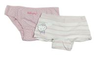 2x kalhotky - světlerůžovo-bílé pruhované s Hello Kitty + růžové puntíkaté s nápisem
