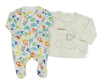 2set - Bílý overal se zvířaty + smetanové triko s nápisem a srdcem