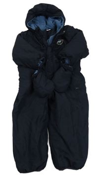 Tmavomodrá šusťáková zimní kombinéza s medvědem a kapucí + rukavice Impidimpi