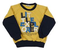 Hořčicovo-tmavomodrá mikina s nápisom