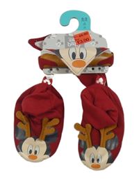 Nové - 2set - Tmavočervené textilní capáčky s Mickeym vel. 17/18 + slinták Primark