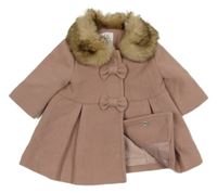 Starorůžový flaušový podšitý kabát s kožešinou a mašlemi F&F