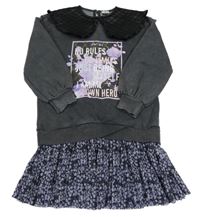 Tmavošedo-černé teplákové šaty s květy a límečkem River Island