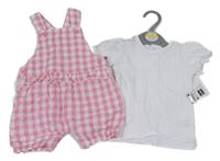 Nové - 2set - Růžovo-bílé kostkované laclové kraťasy s volánem + bílé tričko Dunnes