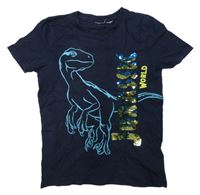 Tmavomodré tričko s dinosaurom a překlápěcími flitre
