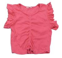 Ružové rebrované crop tričko s volánikmi Reserved