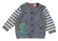 Modro-biely melírovaný prepínaci ľahký sveter s pruhovanymi rukávy a dinosaurami Bluezoo