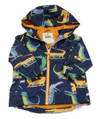 Tmavomodrá šusťáková jarní bunda s barevnými dinosaury a kapucí F&F