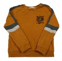 Hnedá mikina s sivým pruhom a tigrom H&M