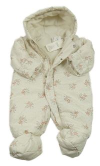 Nové - smetanová květovaná šusťáková zateplená kombinéza s kapucí M&S