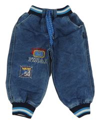 Modré ľahké cuff rifle s výšivkami a úpletovým pasom