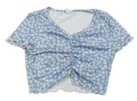 Modré kvetované rebrované crop tričko Shein