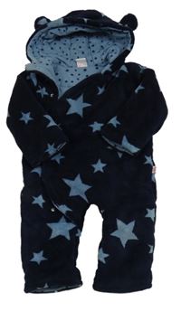 Tmavomodrá plyšová zateplená kombinéza s hviezdami a kapucňou