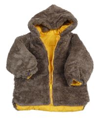 Hnedá kožušinová obojstranná zimná bunda s kapucňou