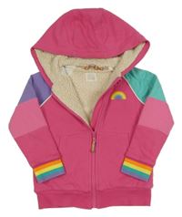 Růžovo-barevná zateplená propínací mikina s duhou a kapucí 