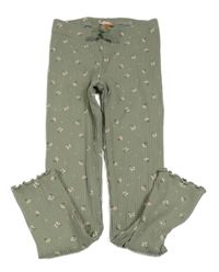 Khaki kvetované rebrované legíny