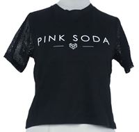 Dámské černé crop tričko s logem a síťovanými rukávy Pink Soda 