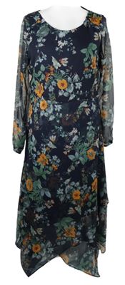 Dámské tmavomodré kytičkované šifonové midi šaty C&A