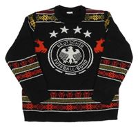 Čierno-žlto-červený vzorovaný sveter so znakom