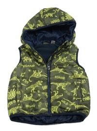 Khaki šušťáková zatepená vesta s dinosaurami a kapucňou Lupilu