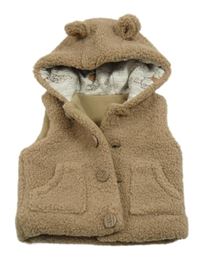 Hnedá huňatá zateplená vesta s kapucňou s uškami George