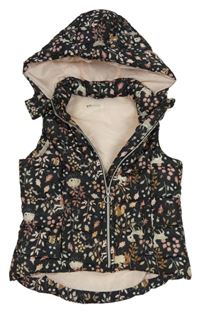 Antracitová vzorovaná šušťáková zateplená vesta s listy, veverkami a kapucňou H&M