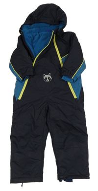 Tmavomodro-petrolejová šusťáková zimní kombinéza s mývalem a kapucí Lupilu