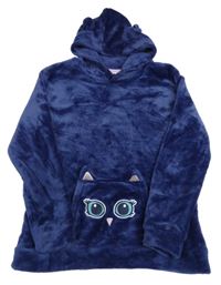 Tmavomodrá chlupatá mikina se sovou a kapucí