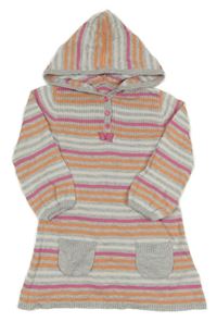 Sivo-ružovo-oranžové pruhované pletené šaty s kapucňou George