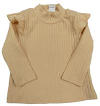 Marhuľové rebrované tričko s volánikmi a stojačikom