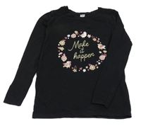 Čierne tričko s vtáčky a kvetmi Dopodopo