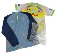 Nové - 2set - Bílo-barevné vzorované sportovní tričko s nápisy + Modrá vzorovaná sportovní mikina 