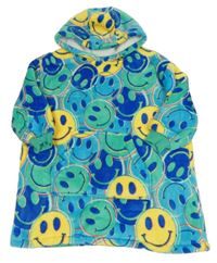Modro-zelená chlupatá zateplená oversize mikina se smajlíky a kapucí Dunnes