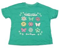 Zelené tričko s nápisem a kytičkami M&S