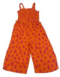 Oranžovo-tmavorůžový vzorovaný žabičkový culottes kalhotový overal Matalan 