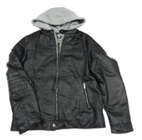 Černá koženková zateplená bunda s teplákovou kapucí Zara 