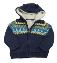 Tmavomodrý propínací zateplený svetr se vzorem a kapucí Mothercare